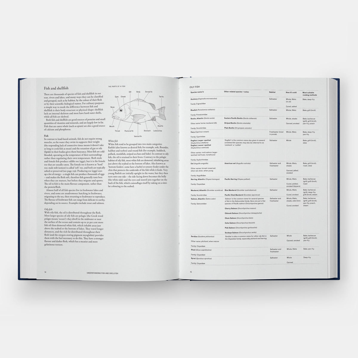 An open hardcover book showing printed pages with text, a fish anatomy diagram, and a table layout, photographed on a light gray background.