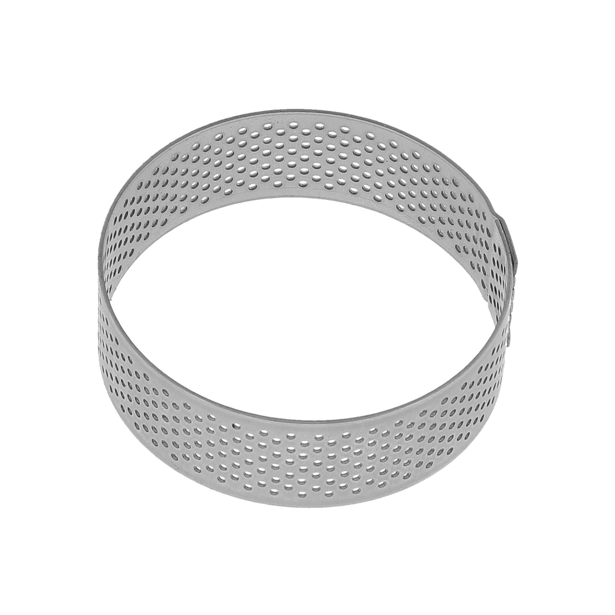 A silver Mallard Ferriere stainless steel round tart ring with a perforated pattern of small holes, shown on a plain white background.