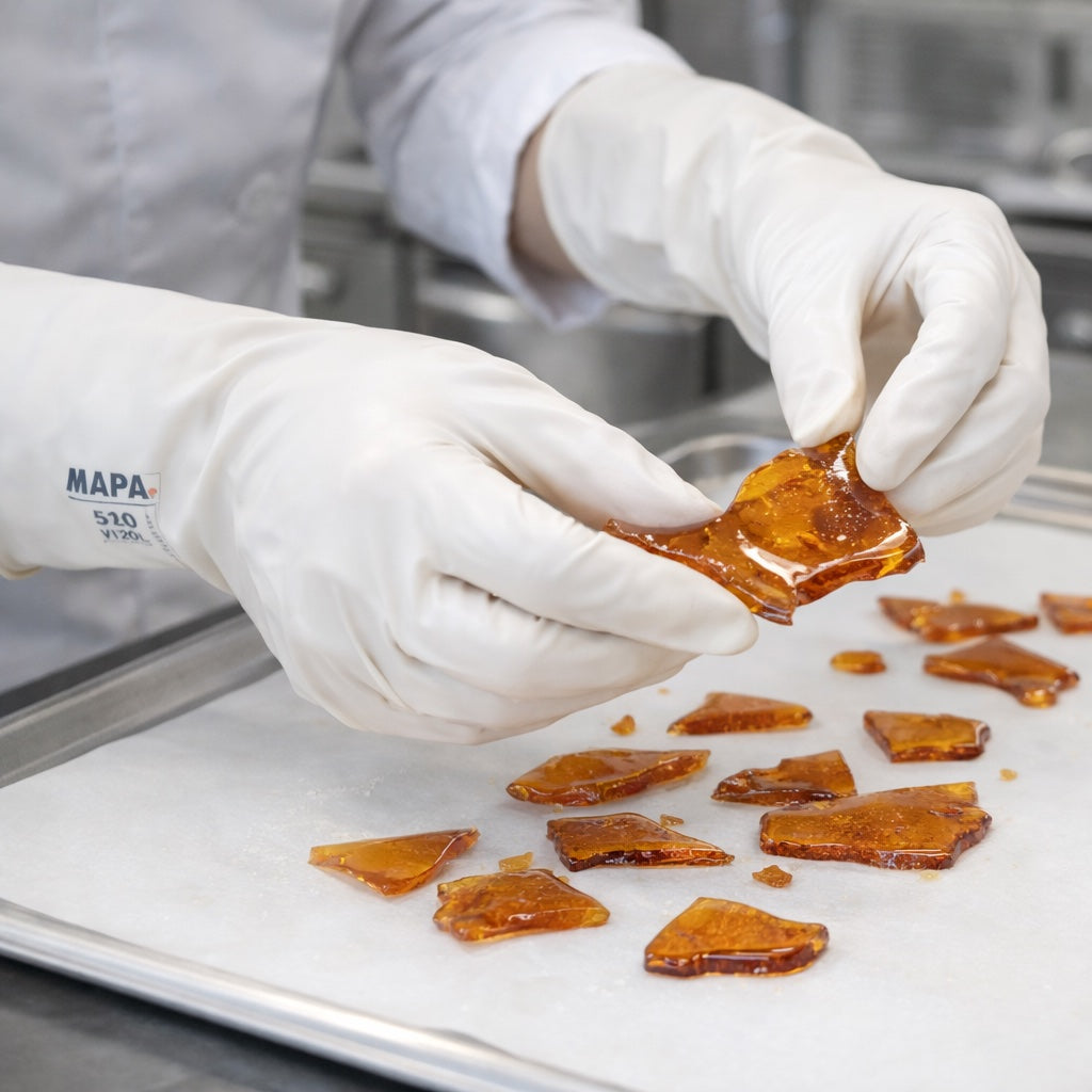 Person wearing gloves handling amber-colored sugar pieces in a professional kitchen setting.