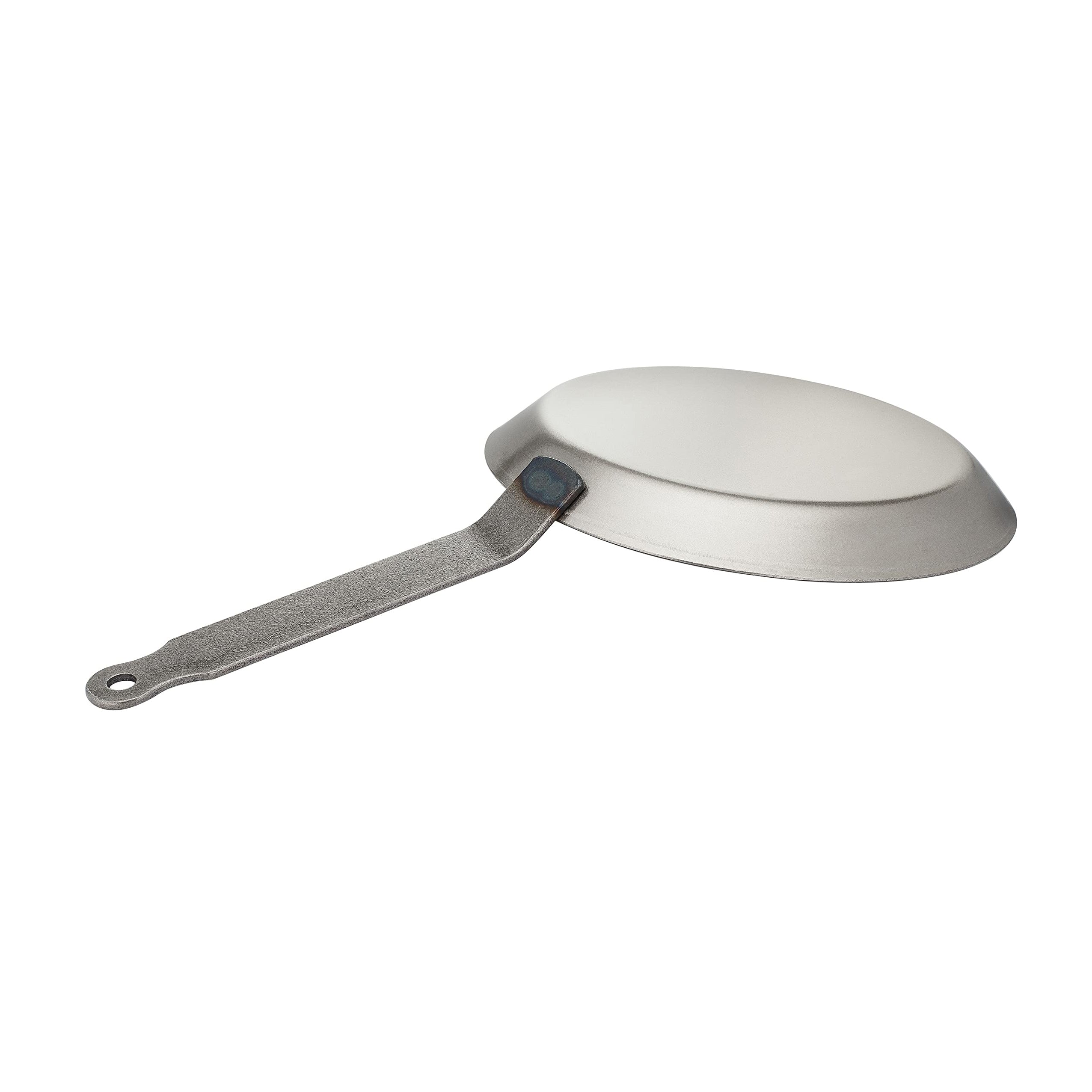 Matfer carbon steel crepe pan with handle on a white background
