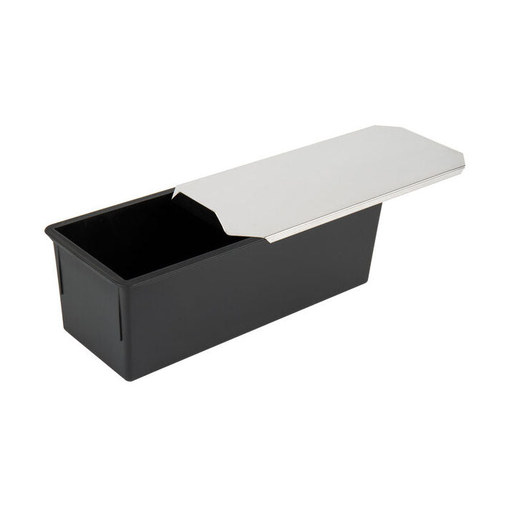 Black Matfer Exoglass bread loaf pan with stainless steel lid on a white background