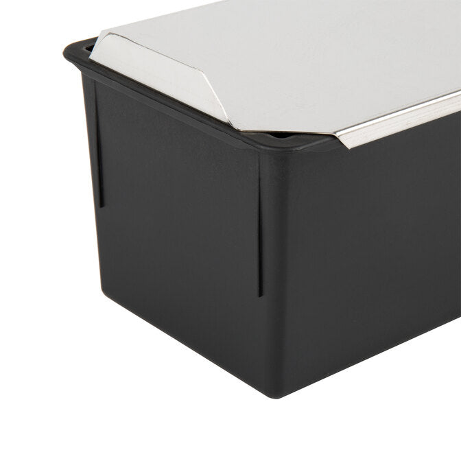 Black rectangular Matfer loaf pan with a stainless steel lid on a white background