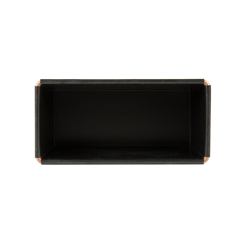 Black rectangular Matfer Exopan Bread and Cake Pan with copper lined corners on a white background