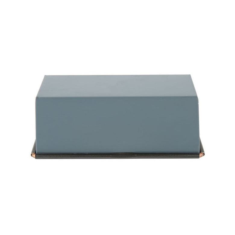 Rectangular gray Matfer loaf cake pan on a white background