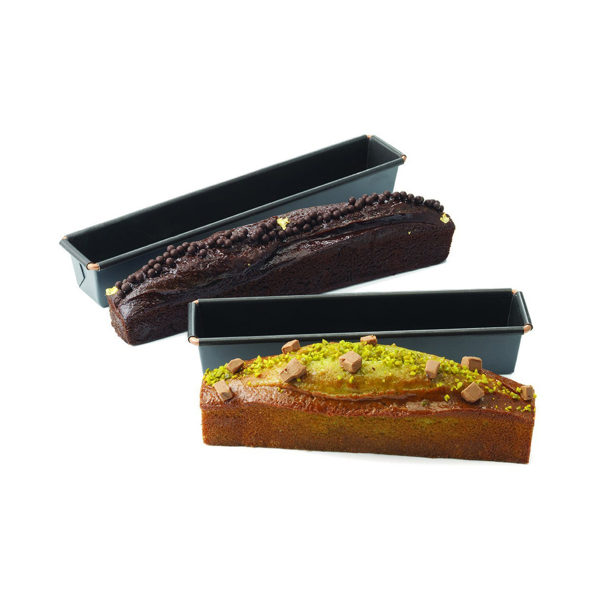 Two rectangular Matfer travel cake moulds with baked goods with different toppings on a white background