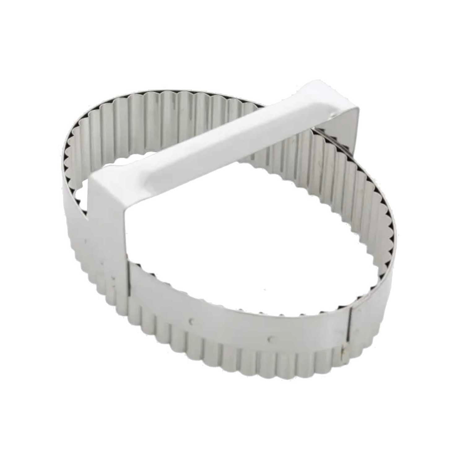 Metallic turnover cutter with a white handle on a white background