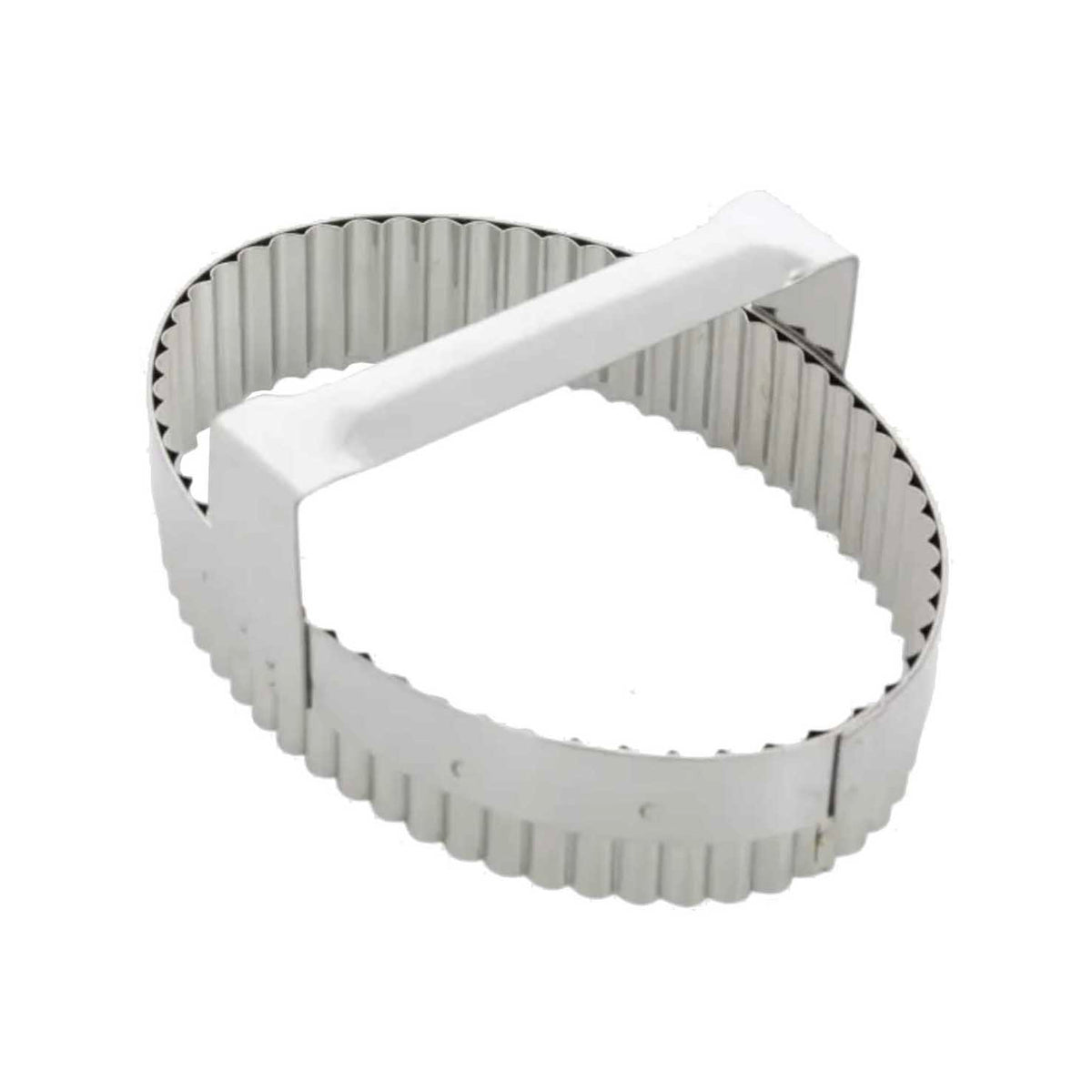 Metallic turnover cutter with a white handle on a white background