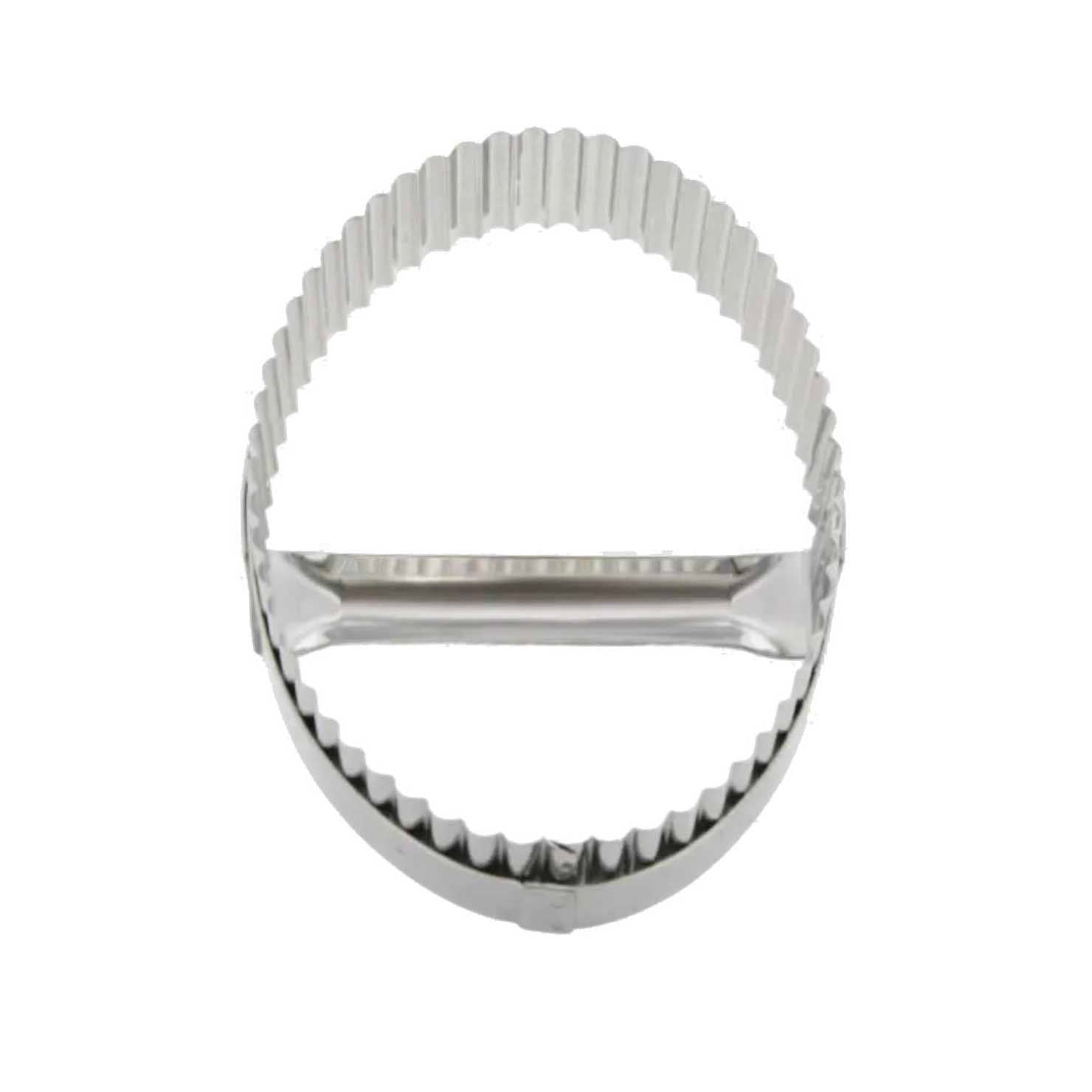 Metallic turnover cutter with a ribbed design on a white background