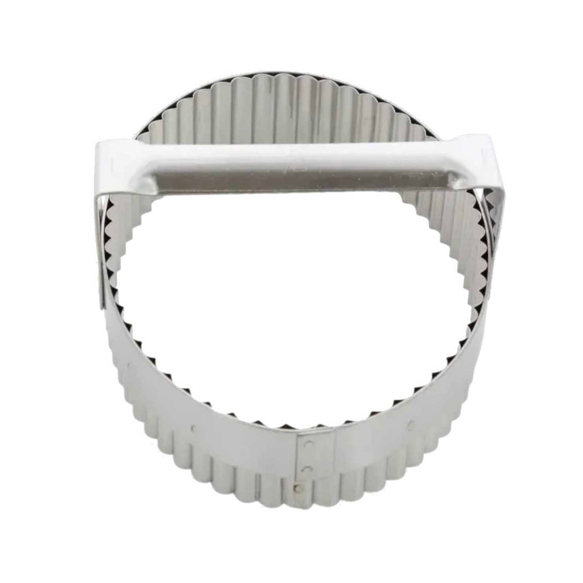 Metallic turnover cutter with a ribbed design on a white background