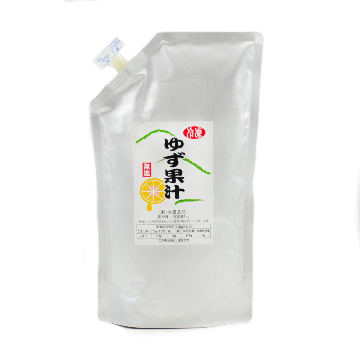 A white resealable stand-up pouch with a spout, featuring a Japanese label with green and black text, a red logo, and a yellow yuzu citrus slice graphic, photographed on a white background.
