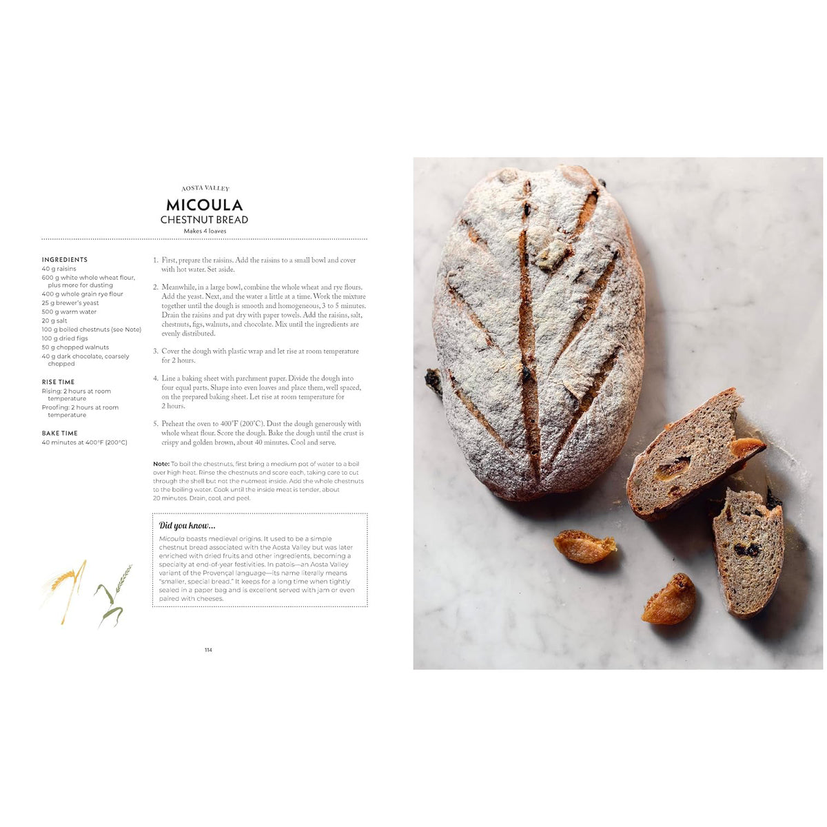 A recipe spread page for 'Micoüla Dandelion Bread' by Anna Valls. The left side contains the ingredients, prep time, bake time, and step-by-step instructions in a clean, readable font.