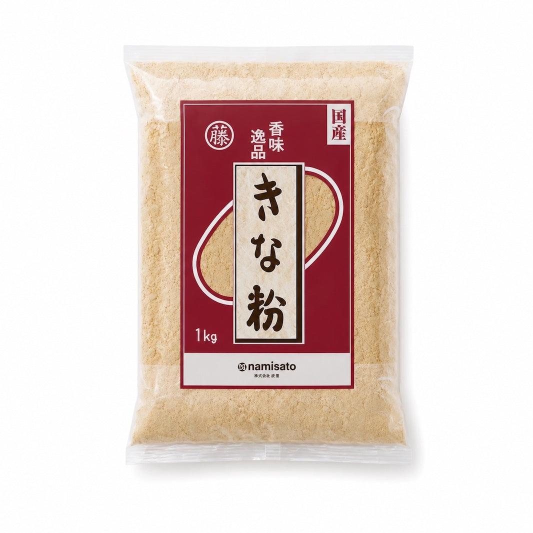 A 1 kg package of Namisato kinako roasted soy bean powder, showing the light tan powder through a clear plastic bag with a dark red and white label.