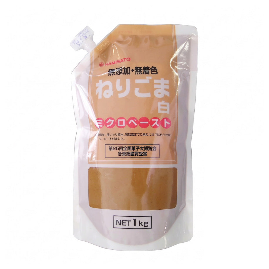 A 1 kg plastic pouch of Namisato White Sesame Paste, featuring a white and peach-orange design with Japanese text.