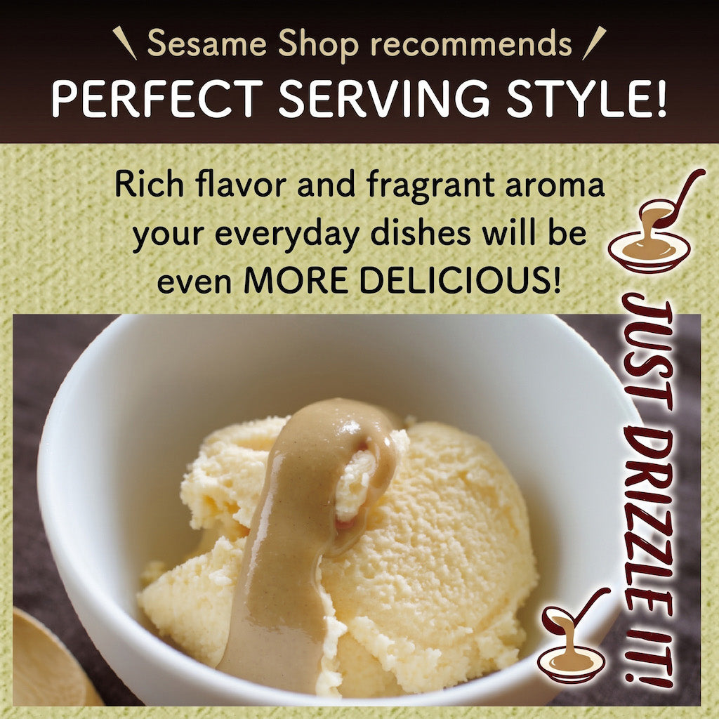 Promotional graphic for a drizzling Namisato White Sesame Paste, featuring a bowl of vanilla ice cream with glossy tan drizzle. Text at the top reads 'Sesame Shop recommends PERFECT SERVING STYLE!' and the right side includes 'JUST DRIZZLE IT!' with coffee cup icons.