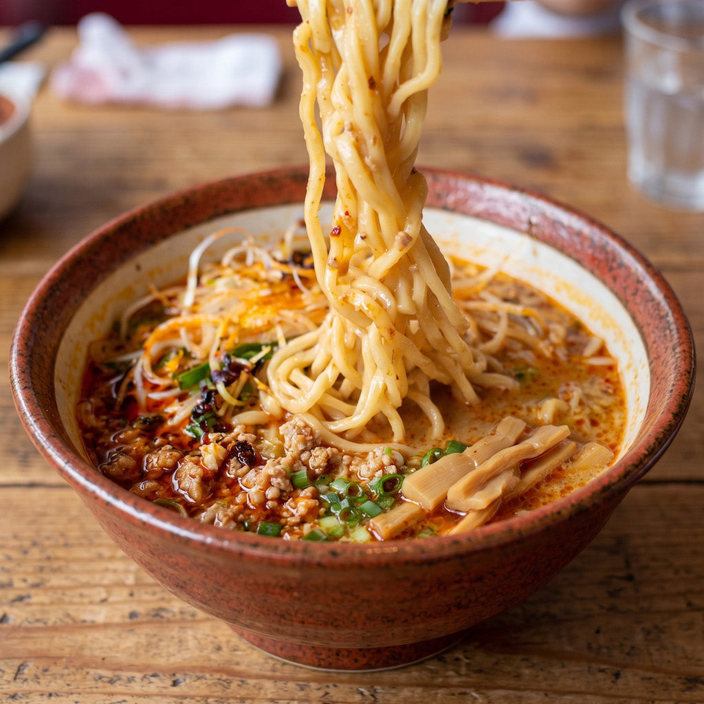 A close-up of a bowl of spicy noodle soup made with white sesame paste sauces on a rustic wooden table, with noodles being lifted from the bowl using chopsticks.