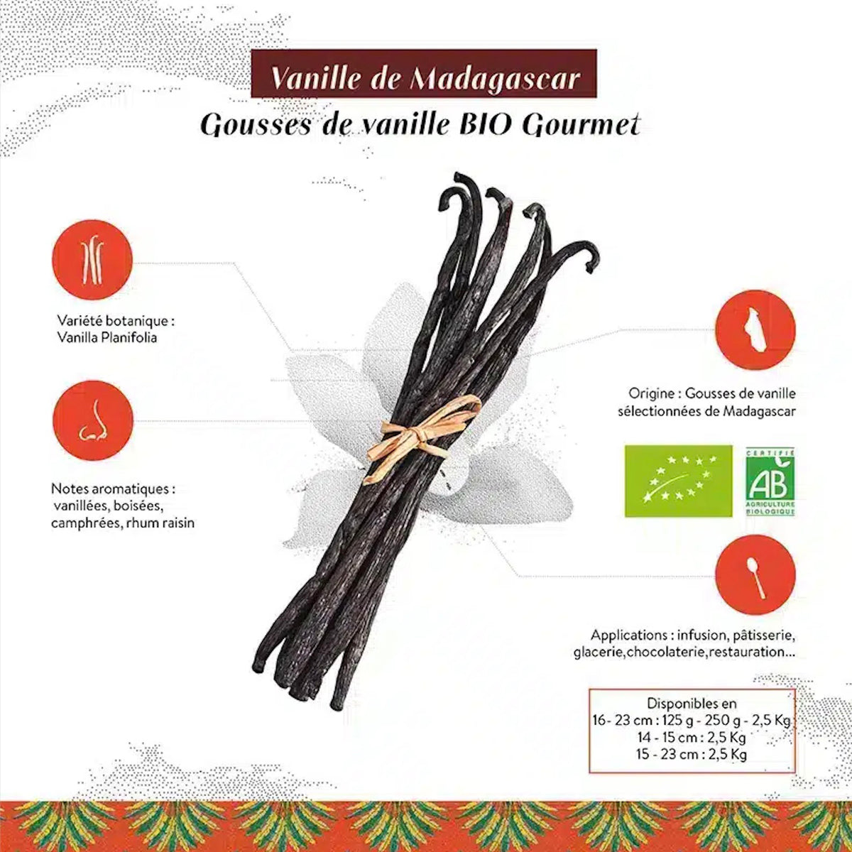 Bunch of vanilla beans with packaging details on a white background