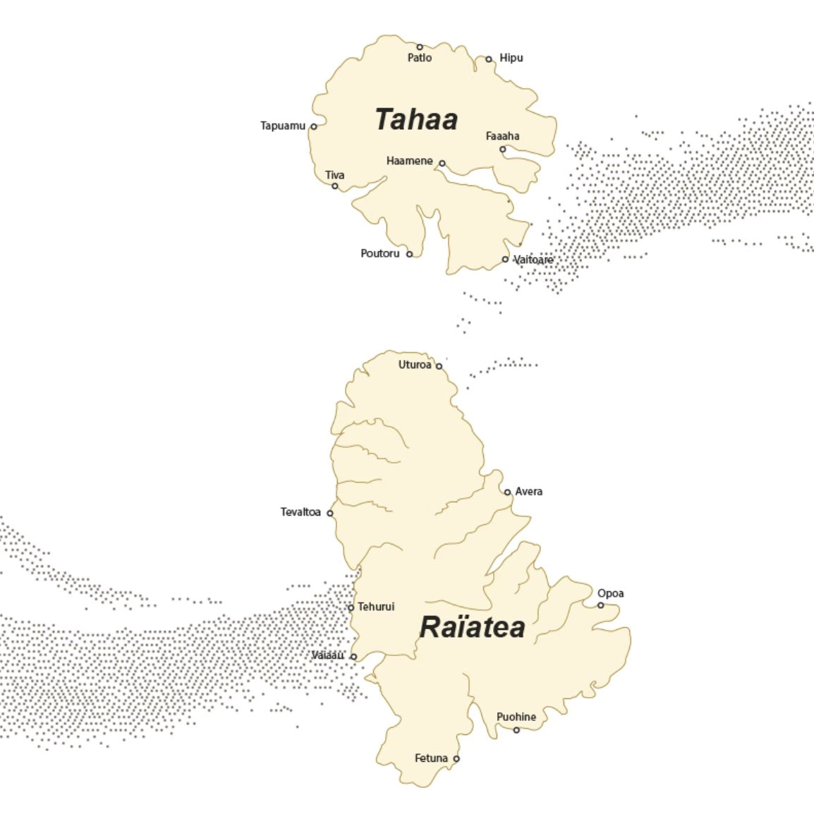 Map of Tahaa and Raiatea with labels on a white background