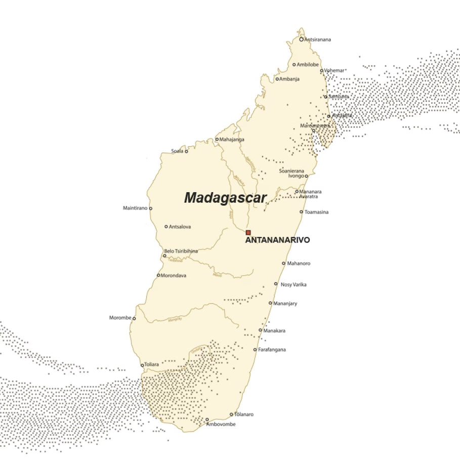 Map of Madagascar with capital cities labeled on a white background