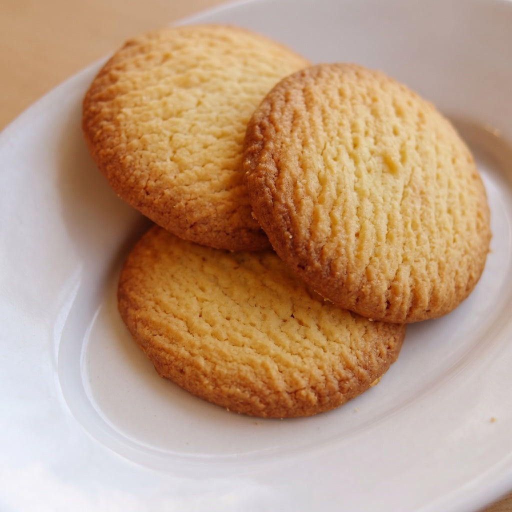 Three cookies made with Okinawa black sugar on a white plate with a blurred background