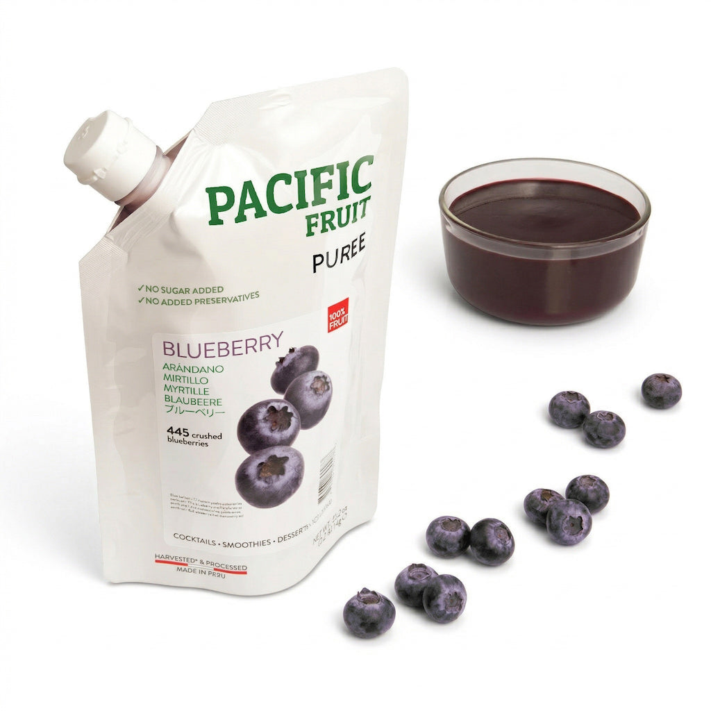 Pacific Fruit Blueberry Puree packaging with a bowl of puree and blueberries on a white background