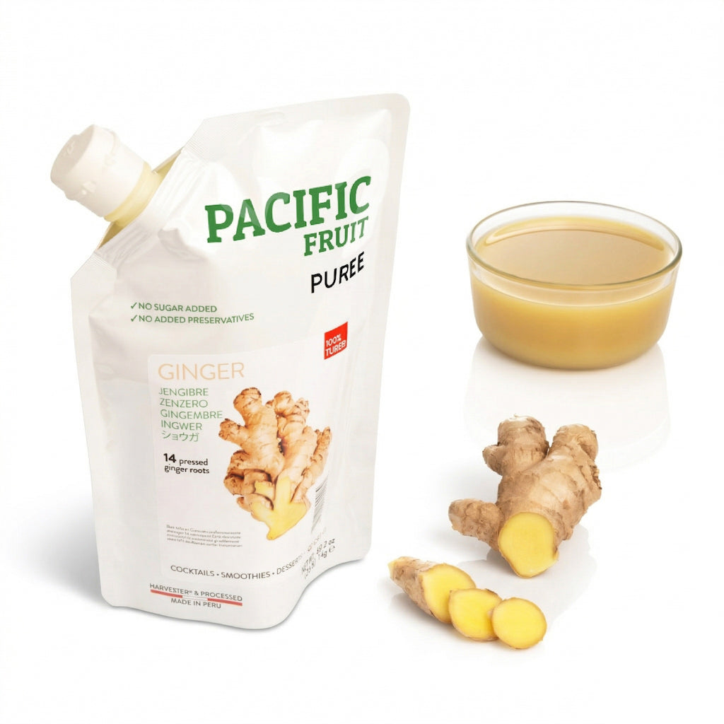 Pacific Fruit Puree ginger packaging with a glass of ginger puree juice and fresh ginger root on a white background