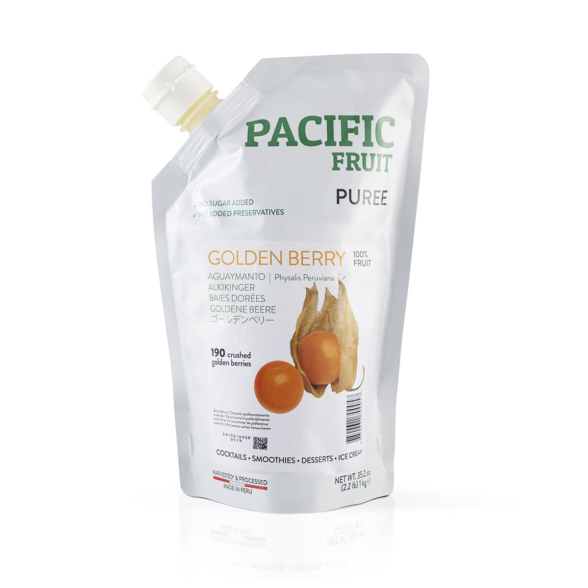 Pacific Fruit Golden Berry Puree packaging on a white background