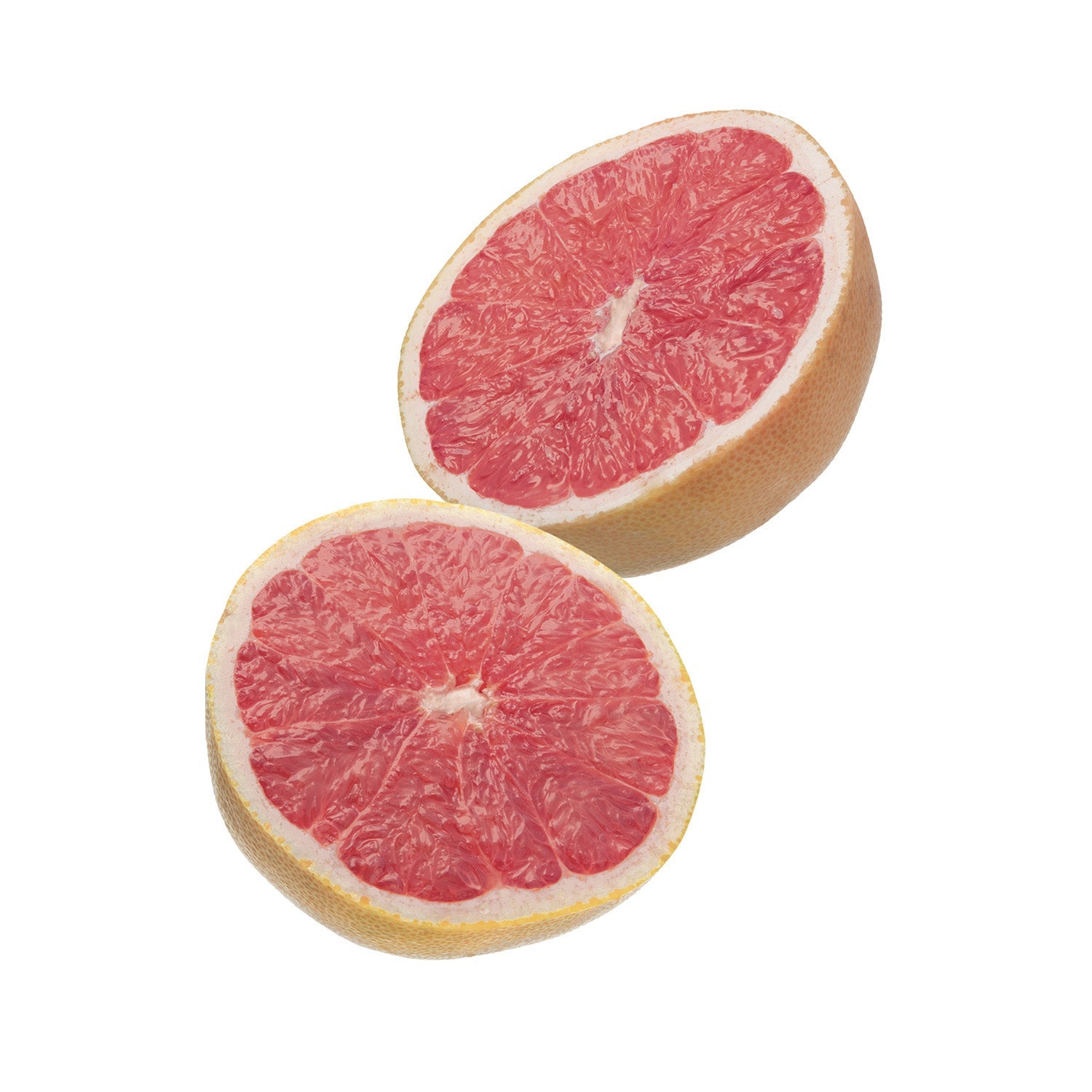 Two halves of a pink grapefruit on a white background