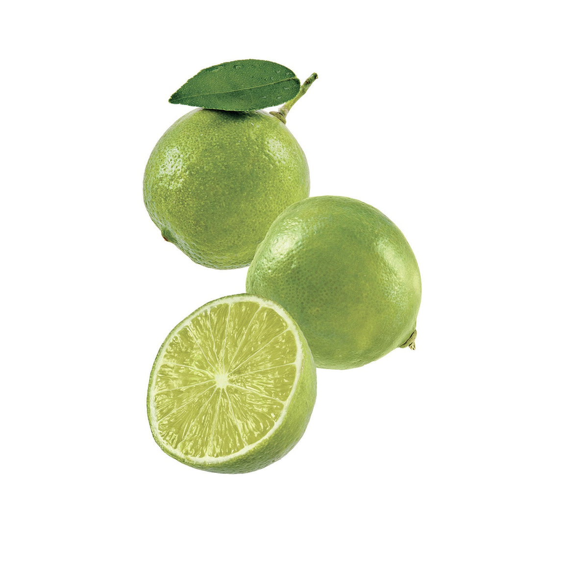 Three green limes with one halved on a white background