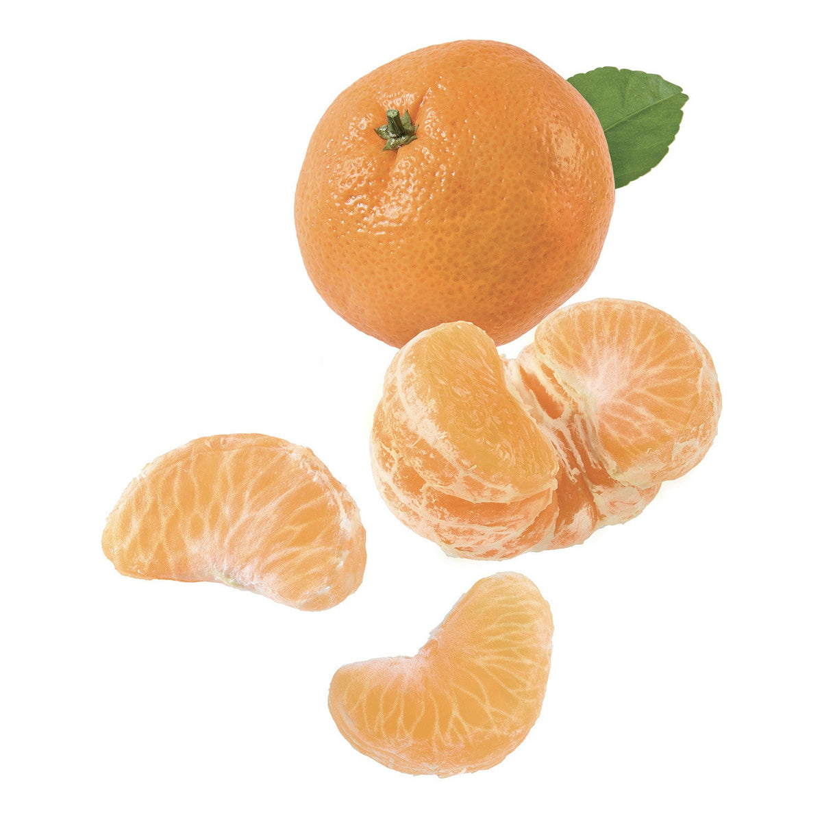 Whole and sliced mandarin oranges on a white background