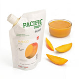 Pacific Fruit Puree Mango packaging with a glass of puree and mango slices on a white background