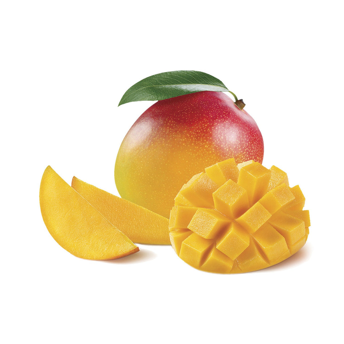 Mango with a slice and a piece of mango on a white background