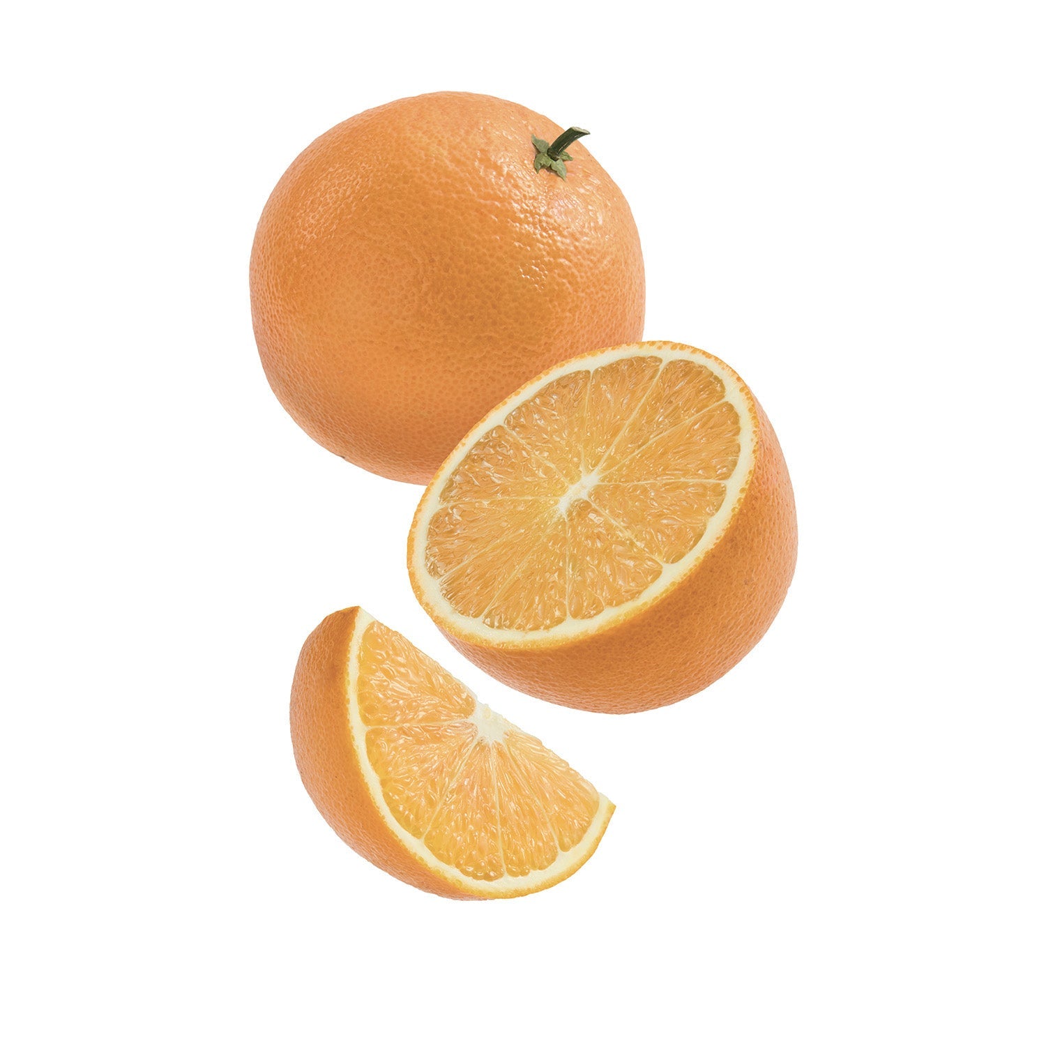 Orange fruit with a slice and a whole fruit on a white background