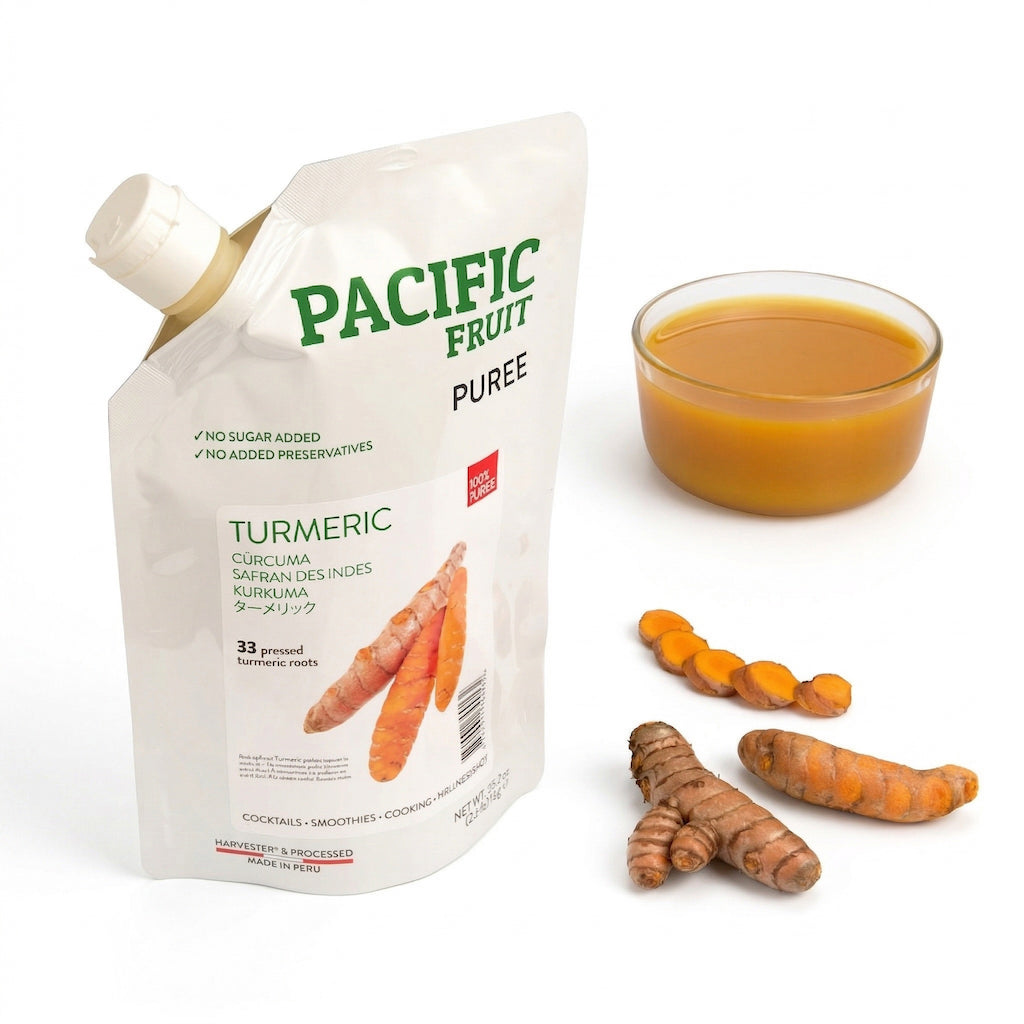 Pacific Fruit Puree Turmeric package with a glass of turmeric puree juice and turmeric roots on a white background