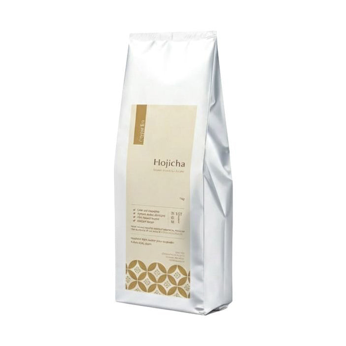Package of Hojicha tea on a white background