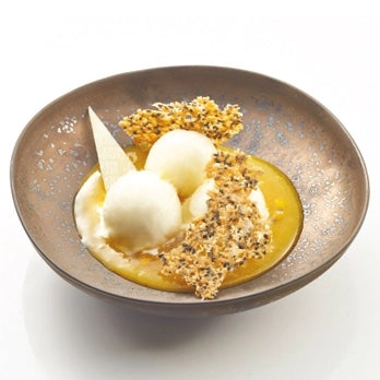 A white chocolate dessert in a rustic brown ceramic bowl, featuring three scoops of vanilla ice cream in a golden syrup, topped with a crumbly biscuit and a small triangular pastry piece, on a white background.
