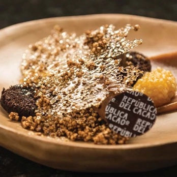 A close-up of a plated dessert featuring a large golden-brown caramel or chocolate drizzle over crumbly topping, served on a wooden plate with dark chocolate pieces and a yellow fruit piece. A round chocolate disc reads 'REPUBLICA DEL CACAO'.