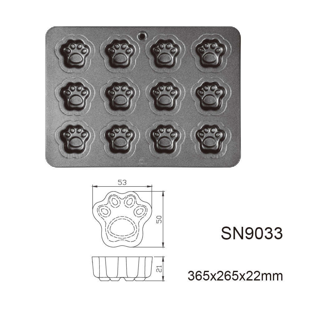 A dark gray rectangular Sanneng metal mold with twelve paw-print-shaped cavities, shown above a technical dimension drawing and the text 'SN9033' and '365x265x22mm' on a white background.