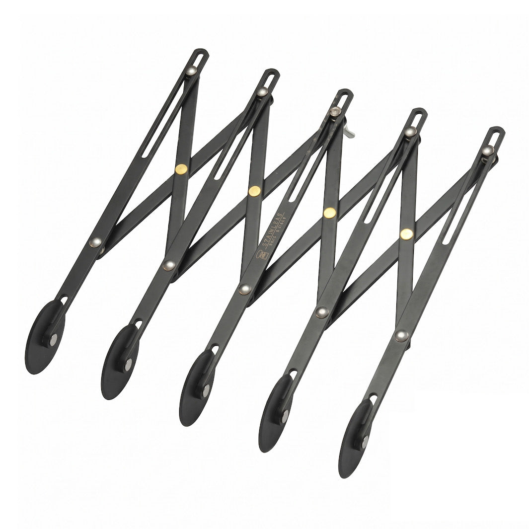 A black non-stick 5-wheel adjustable dough cutter with five overlapping arms, shown on a plain white background.
