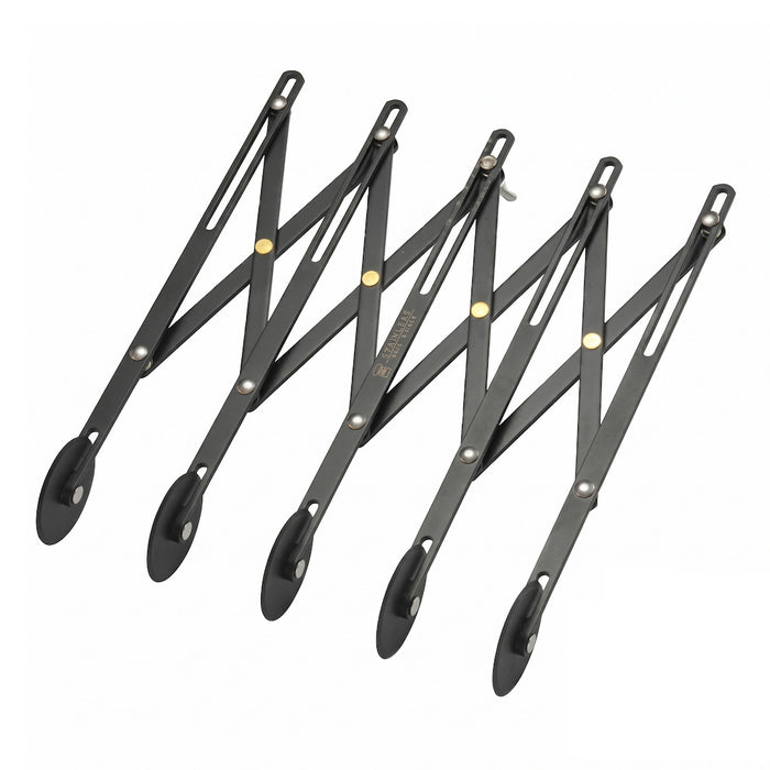 A black non-stick 5-wheel adjustable dough cutter with five overlapping arms, shown on a plain white background.