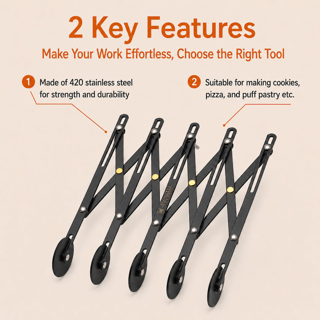 Five black stainless steel expandable dough cutters arranged diagonally on a light beige background, with promotional text at the top reading '2 Key Features' and callout lines describing material and use.