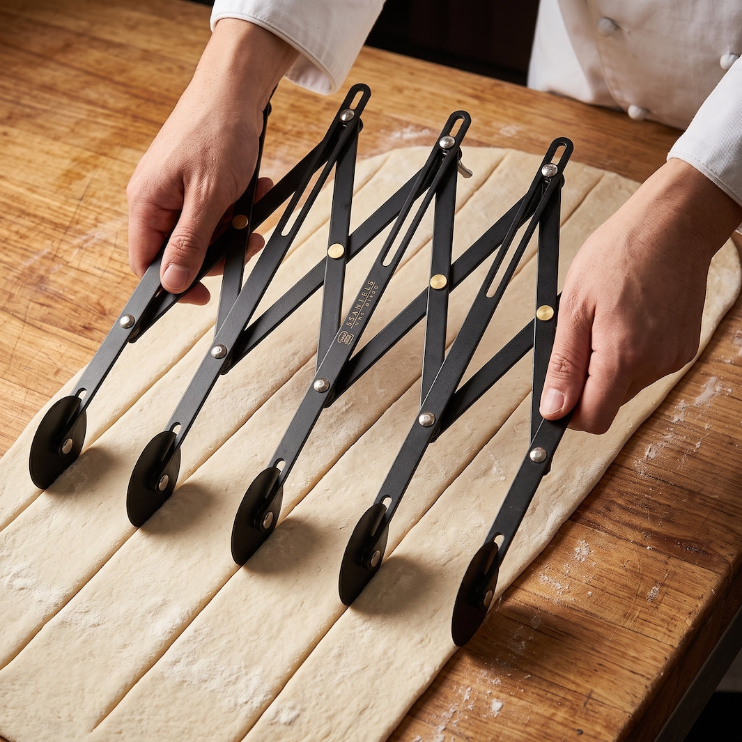 Sanneng 5-wheel adjustable dough cutter is being used by a chef's hands to cut a long strip of dough on a wooden worktable.