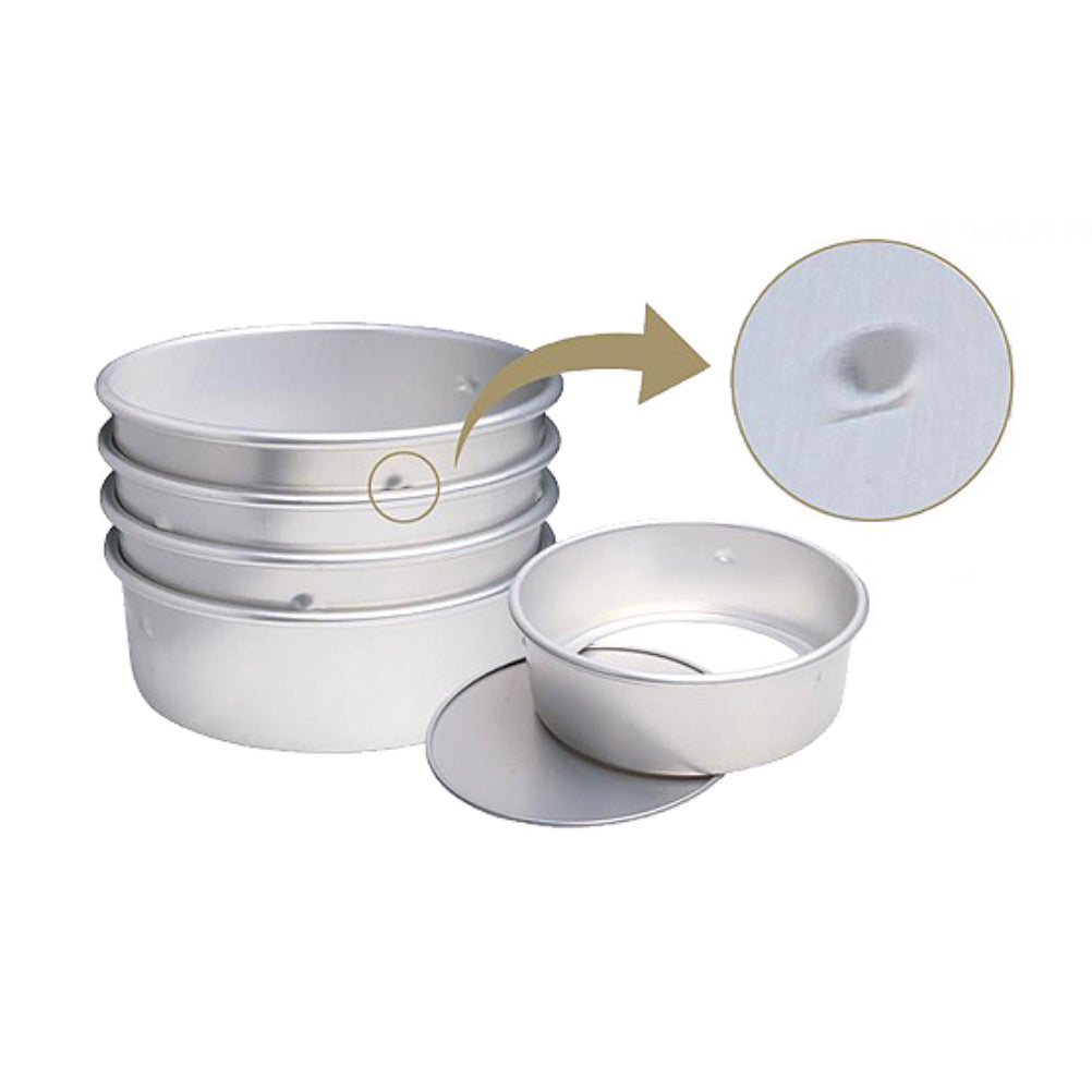 Set of Sanneng Anodized Deep Round Cake Pan with removable bottom stacked with a close-up of one pan on a white background