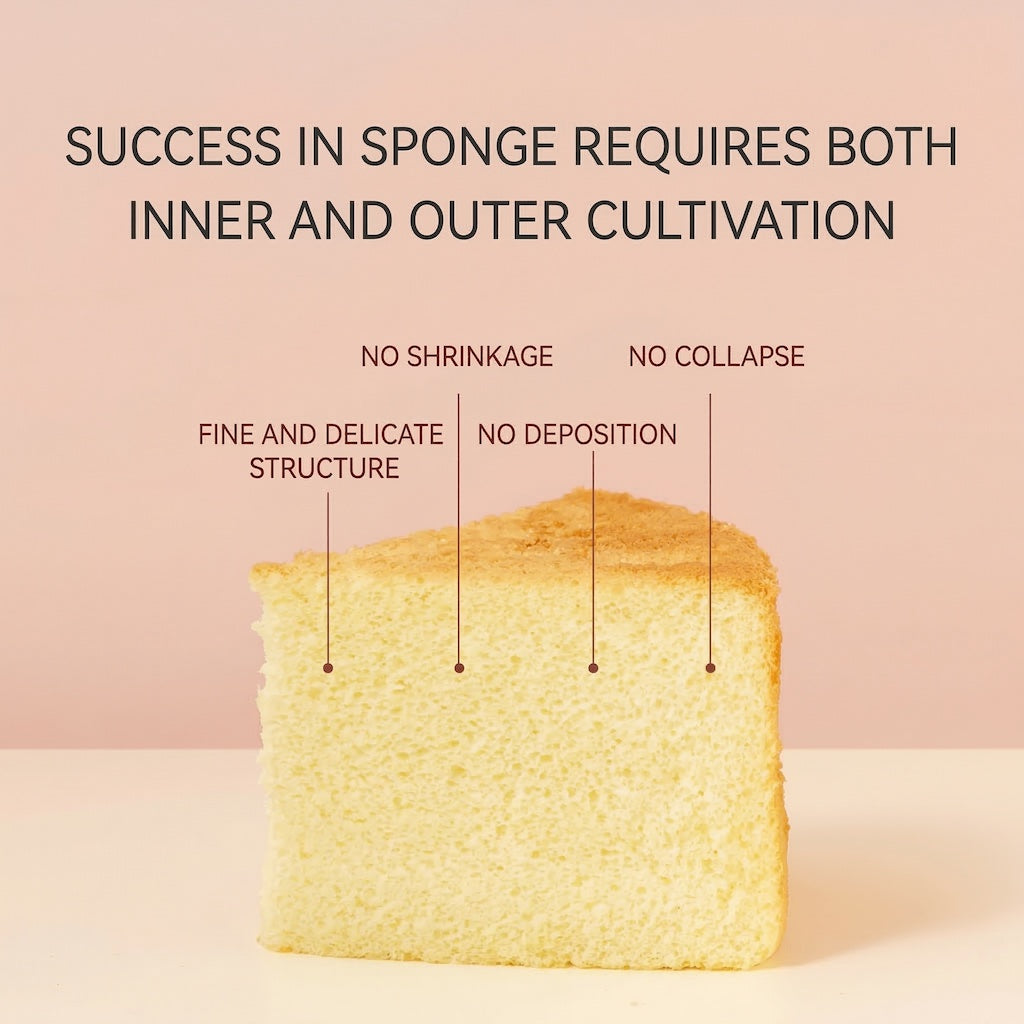 Slice of sponge cake with text on a pink background