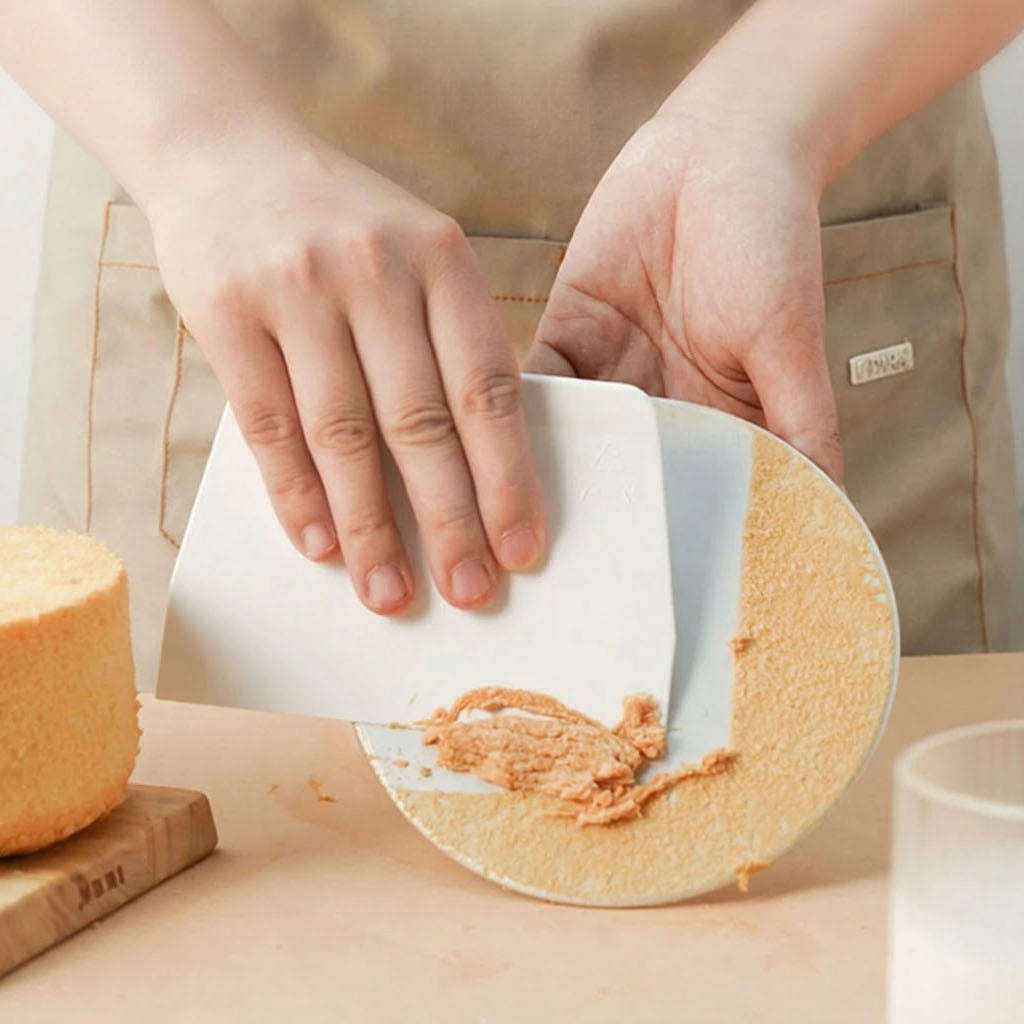 Person preparing food with a round wooden board and white Sanneng SN4051 scraper