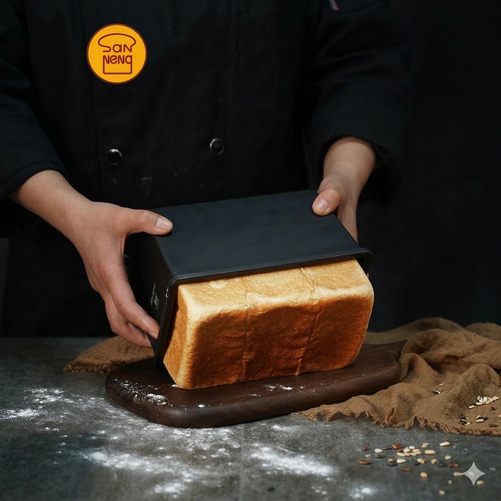 Person unmoulding a loaf of bread from a Sanneng cast aluminum loaf pan on a dark surface, with 'Sanneng' logo in the corner.