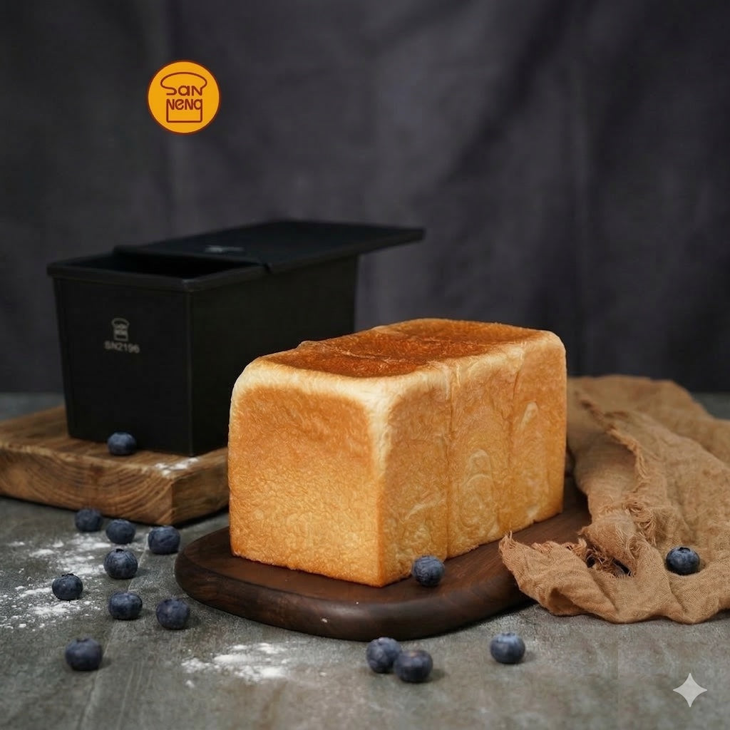 Loaf of bread on a wooden board with blueberries and a black Sanneng loaf pan SN2196 in the background.