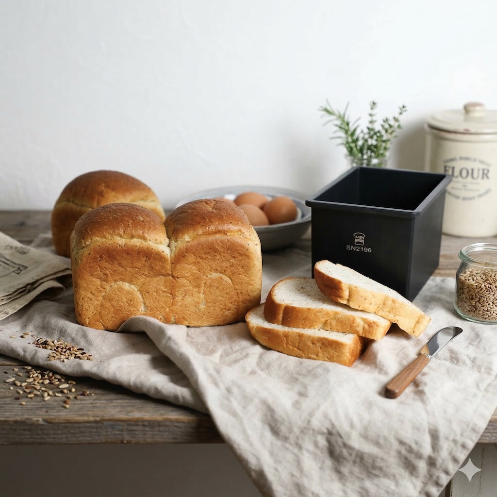 Loaf of bread with slices on a table, surrounded by kitchen items.