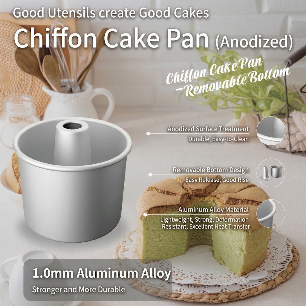 Sanneng chiffon cake pan with a sliced cake on a table, featuring text about its features.