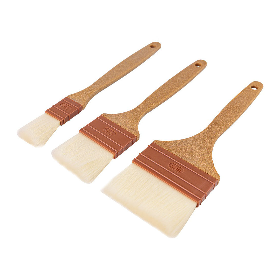 Three Sanneng pastry brushes with brown eco handles and beige bristles on a white background