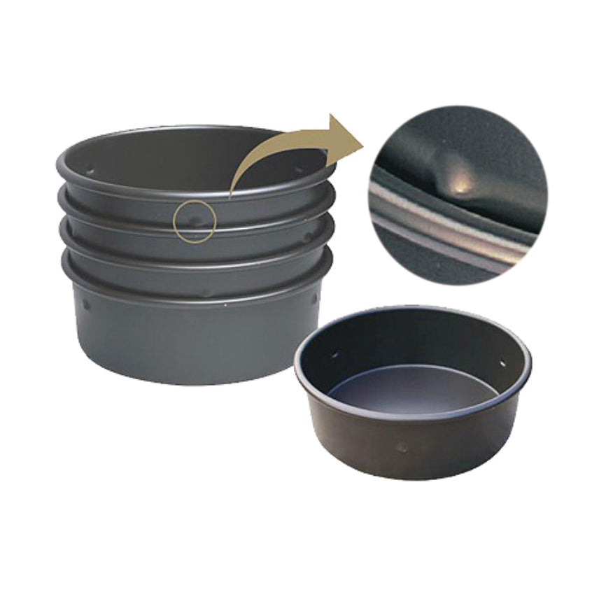 Stack of gray deep round Sanneng cake pans with a close-up of one pan on a white background